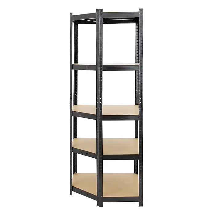 Eckregal Ragnar | HxBxT 180x70x40 cm | Fachlast 175kg | Schwarz -  - Schwarzes Metall-Eckregal mit 5 Holzablagen.