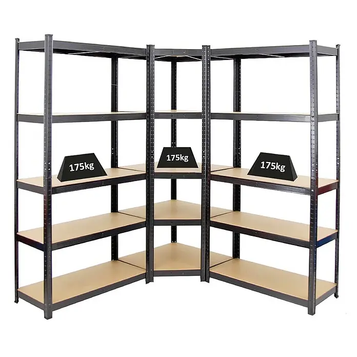 Mega Deal | 1x Eckregal + 2x Schwerlastregal Ragnar | Fachlast 175 kg | Schwarz -  - Schwarzes Eckregal aus Metall mit fünf Holzablagen, die eine Tragfähigkeit von 175 kg pro Ablage zeigen.