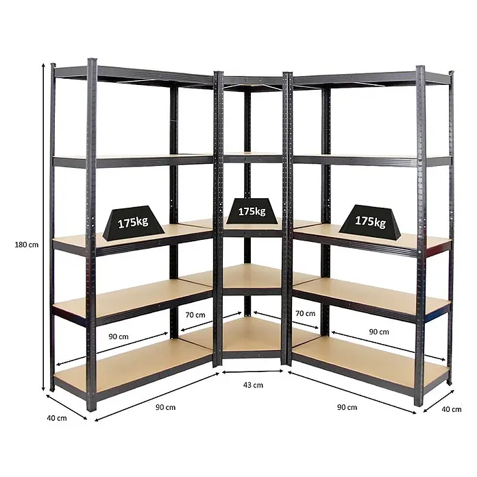 Mega Deal | 1x Eckregal + 2x Schwerlastregal Ragnar | Fachlast 175 kg | Schwarz -  - Schwarzes Metall-Eckregal mit 5 hellbraunen Ablagen, 180 cm hoch, 90x40 cm Seiten, 175 kg Traglast pro Ablage.