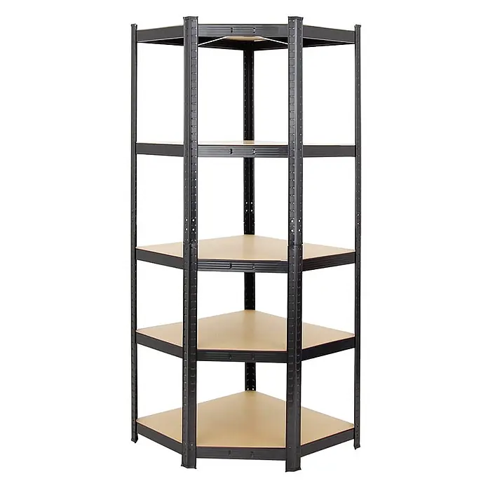 Eckregal Ragnar | HxBxT 180x70x40 cm | Fachlast 175kg | Schwarz -  - Fünfstufiges schwarzes Metalleckregal mit hellbraunen Holzablagen.
