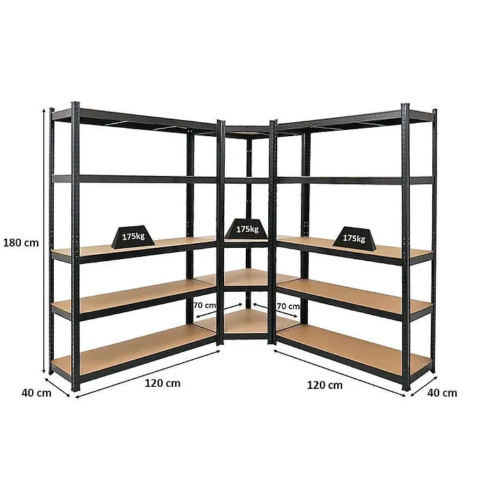 Mega Deal | 1x Eckregal + 2x Schwerlastregal Ragnar | HxBxT 180x190x40cm | Fachlast 175kg | Schwarz -  - Schwarzes Eckregal aus Metall mit Holzoptikböden, 180cm hoch, 120x40cm Seiten und 175kg Tragkraft pro Boden.