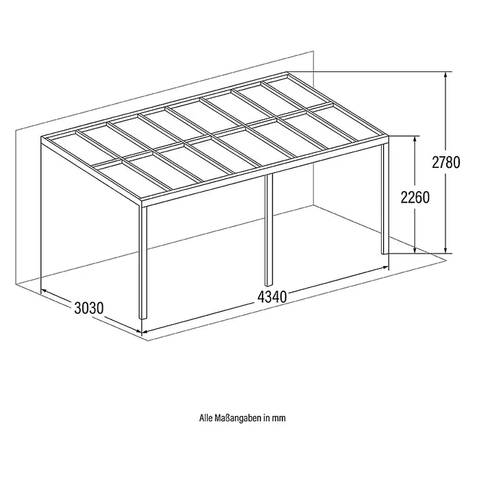 HOME DELUXE - Terrassenüberdachung SOLIS | Farbe: Weiß, Größe: 435 / 442 x 300 / 303 x 278 / 226 cm -  - Maßzeichnung eines wandmontierten Metallgestells für Carport oder Terrassenüberdachung mit Schrägdach.