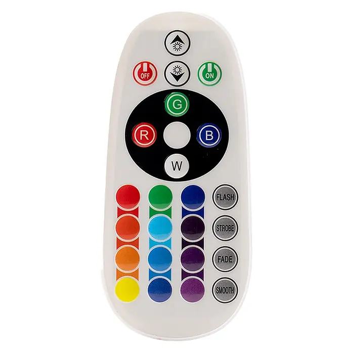 Luxula LED-Strahler - 10 W, IP65 - Weiße LED-Fernbedienung mit farbigen Tasten für Helligkeit, Farbauswahl (RGBW, weitere Töne) und Lichtmodi.
