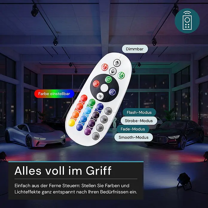 Luxula LED-Strahler - 100 W, IP65 - Weißes Fernbedienung mit farbigen Tasten zur Einstellung von Lichtfarben, Helligkeit und verschiedenen Modi.