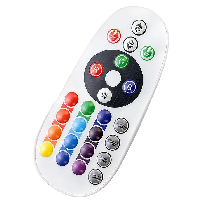 Luxula LED-Strahler - 10 W, IP65 - Weißer LED-RGB-Fernbedienung mit zahlreichen farbigen Tasten für Farbauswahl, Helligkeit und Lichtmodi.