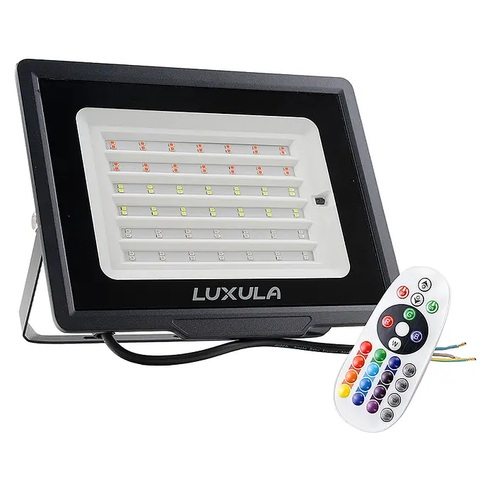 Luxula LED-Strahler - 50 W, IP65 - Schwarzer LED-Fluter mit weißem LED-Panel und weißer Farbwechsel-Fernbedienung.