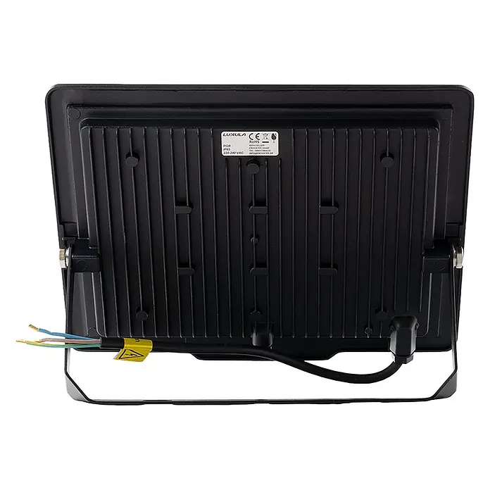 Luxula LED-Strahler - 50 W, IP65 - Rückansicht eines schwarzen LED-Fluters mit gerippten Kühlrippen und angeschlossenem Stromkabel.