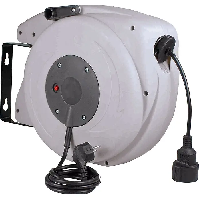 as - Schwabe automatischer Kabelaufroller 20m H05VV-F 3G1,5 IP20 -  - Grauer automatischer Kabelaufroller mit schwarzem Netzkabel, Stecker und Verlängerungsbuchse, wandmontierbar mit roter Anzeigeleuchte.