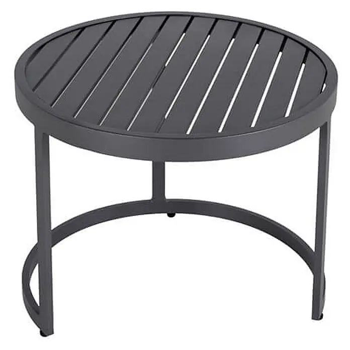 Home Deluxe Gartenliege - Grau, Aluminium - Dunkelgrauer runder Metall-Terrassentisch mit Lattenplatte und gebogenem Fuß.