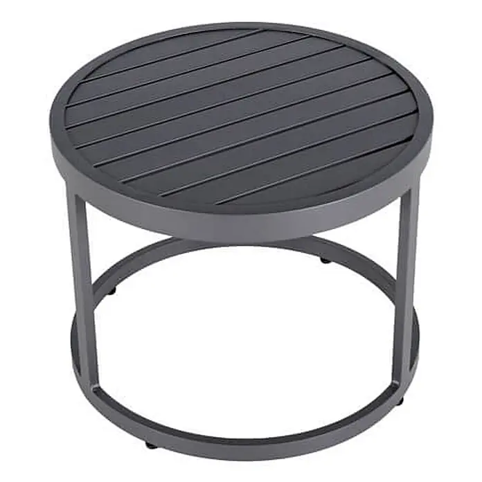 Home Deluxe Gartenliege - Grau, Aluminium - Dunkelgrauer runder Beistelltisch aus Metall mit Lattenplatte.