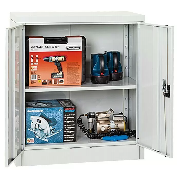 Regalux Armario multiusos metálico - L x An x Al: 41 x 80 x 90 cm, Gris - Armario metálico blanco con dos estantes que guarda herramientas eléctricas como un taladro, sierra circular y un kit de compresor de aerografía.