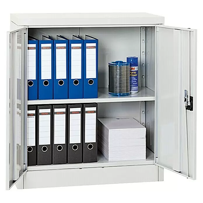 Regalux Armario multiusos metálico - L x An x Al: 41 x 80 x 90 cm, Gris - Armario de oficina metálico gris claro con dos puertas, dos estantes, lleno de archivos, CDs y papel.