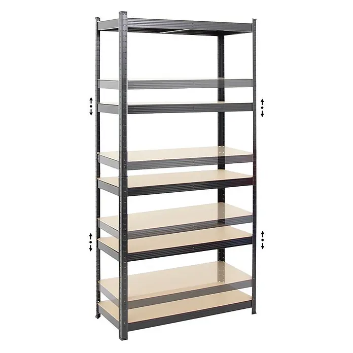 PROREGAL Schwerlastregal Ragnar HxBxT 180x90x40cm 5 MDF-Platten-Ebenen Fachlast 175 kg Schwarz -  - Dunkelgraues Metallregal mit hellen, höhenverstellbaren Holzböden.
