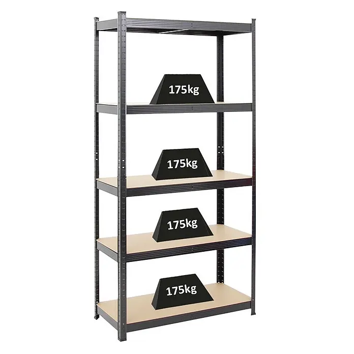 PROREGAL Schwerlastregal Ragnar HxBxT 180x90x40cm 5 MDF-Platten-Ebenen Fachlast 175 kg Schwarz -  - Robustes dunkelgraues Metallregal mit fünf hellen Holzablagen, jede mit 175 kg Gewicht beladen.