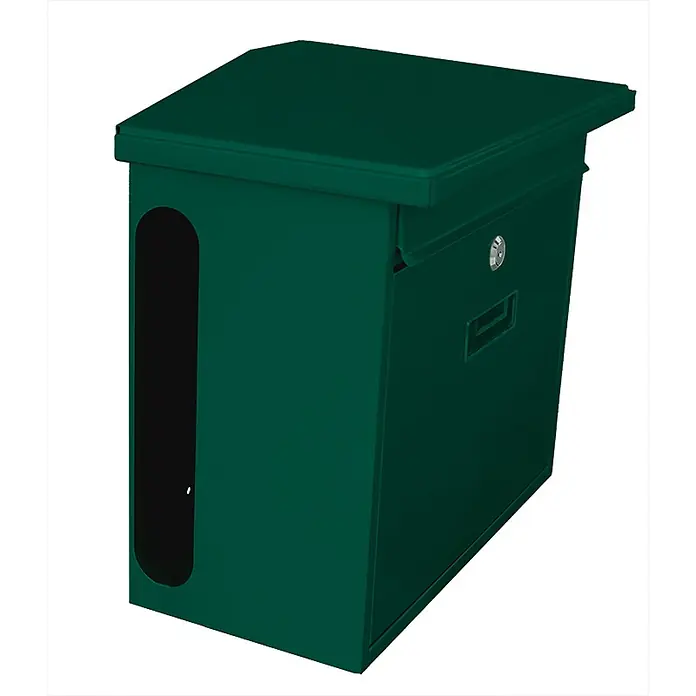 Wandbriefkasten Zamoran aus verzinktem Stahl mit Namensschild | HxBxT 34,5x39,2x20,5cm | Einwurföffnung 32x2cm | Grün -  - Dunkelgrüner Metall-Paketkasten mit seitlichem Briefschlitz und abschließbarer Entnahmetür.
