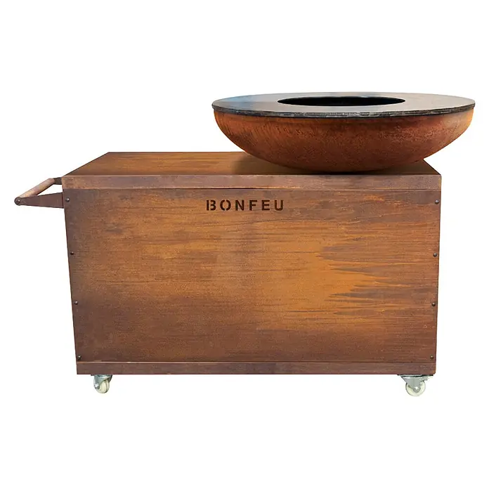 Bonfeu Brasero barbacoa Bonbiza Island - Ø x Al: 102 x 110 cm, Acero, Marrón óxido - Cocina exterior BONFEU de metal oxidado con ruedas y cuenco de cocción redondo.