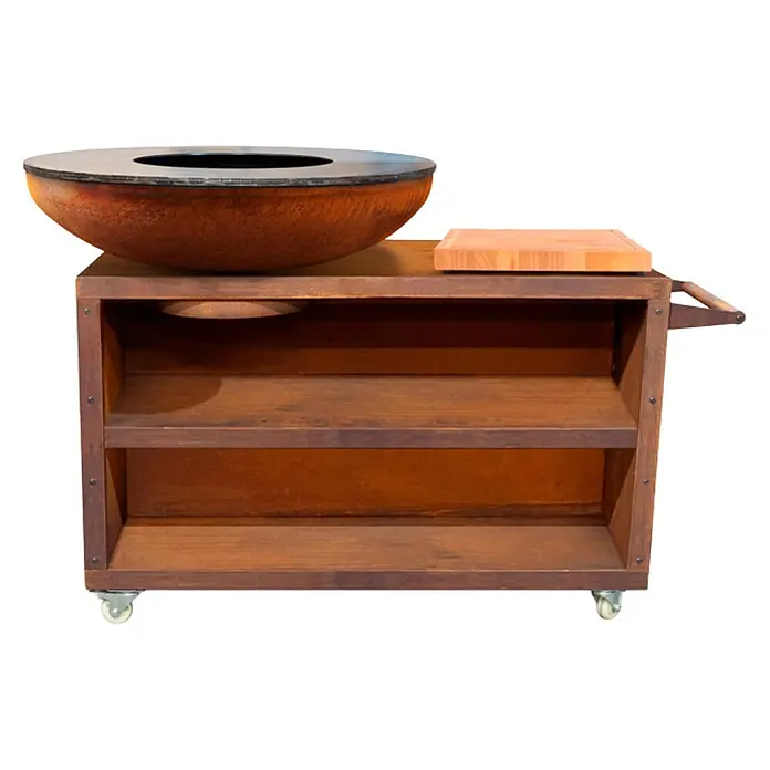 Bonfeu Brasero barbacoa Bonbiza Island - Ø x Al: 102 x 110 cm, Acero, Marrón óxido - Carrito de parrilla rústico de acero corten con brasero redondo, tabla de cortar de madera y estantes, con ruedas.