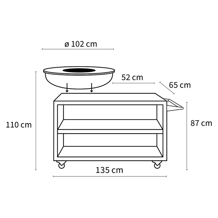Bonfeu Brasero barbacoa Bonbiza Island - Ø x Al: 102 x 110 cm, Acero, Marrón óxido - Dibujo lineal de un cuenco para fuego circular o parrilla en un carrito móvil con dos estantes y asa, con dimensiones generales.