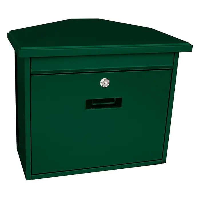 Wandbriefkasten Zamoran aus verzinktem Stahl mit Namensschild | HxBxT 34,5x39,2x20,5cm | Einwurföffnung 32x2cm | Grün -  - Dunkelgrüner Metalleckbriefkasten mit Einwurfschlitz und Schloss.
