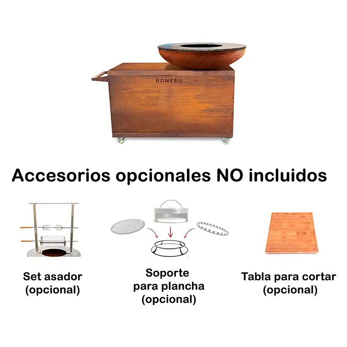 Bonfeu Brasero barbacoa Bonbiza Island - Ø x Al: 102 x 110 cm, Acero, Marrón óxido - Brasero BONFEU sobre base de madera rústica con ruedas; accesorios opcionales mostrados.