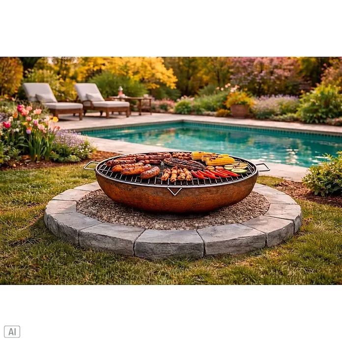 Nora Flames Brasero Calsotera con grill - Diámetro: 80 cm, Acero Corten - Parrilla de metal oxidado con comida cocinándose, sobre base de piedra en un jardín con piscina.