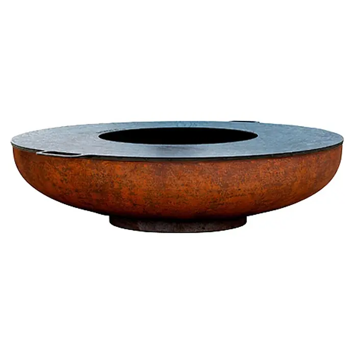 Nora Flames Brasero Calsotera + plancha - Diámetro: 80 cm, Acero Corten - Brasero redondo color óxido con una plancha de cocción plana oscura y abertura central.