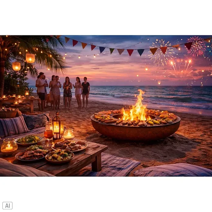 Nora Flames Brasero Calsotera + plancha - Diámetro: 80 cm, Acero Corten - Gran parrilla de fogata de metal oscuro cocinando comida en una playa al atardecer.