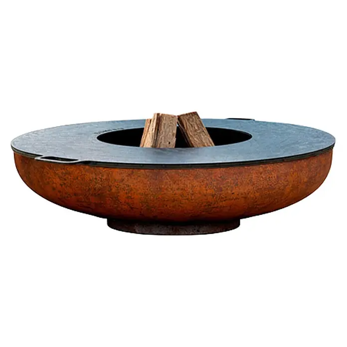 Nora Flames Brasero Calsotera + plancha - Diámetro: 80 cm, Acero Corten - Brasero de acero oxidado con plancha superior negra y leña, perfecto para cocinar al aire libre.