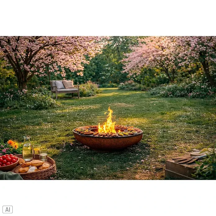 Nora Flames Brasero Calsotera + plancha - Diámetro: 80 cm, Acero Corten - Brasero de metal oxidado con comida asándose alrededor de un fuego central, en un jardín florido.