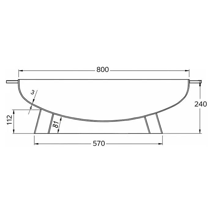 Nora Flames Brasero Calsotera con patas - Diámetro: 80 cm, Acero Corten - Dibujo técnico de un cuenco metálico con perfil curvo y soportes. Dimensiones: 800mm largo, 240mm alto, 3mm grosor.