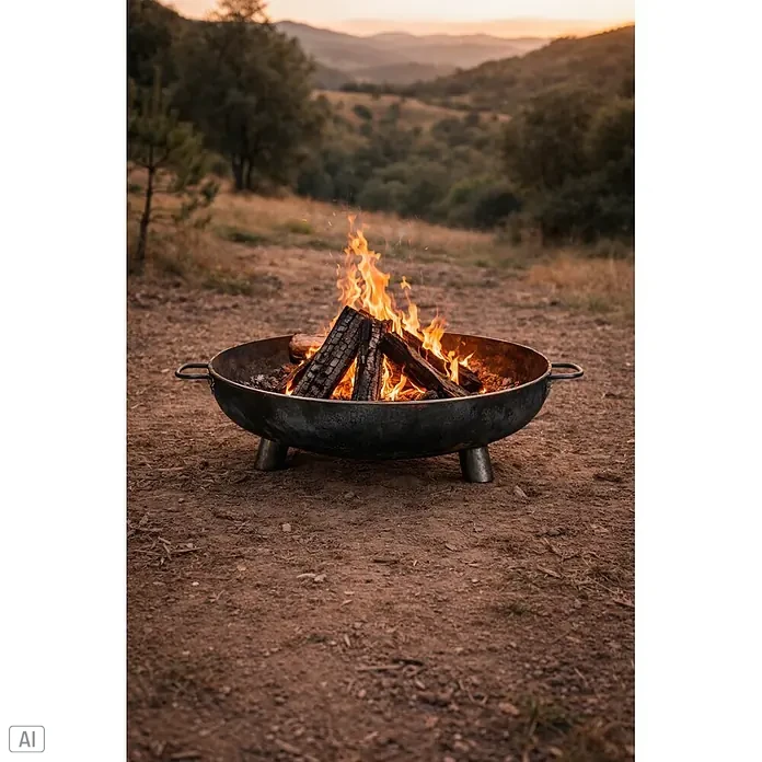Nora Flames Brasero Calsotera con patas - Diámetro: 100 cm, Acero Corten - Brasero de metal oscuro con leña ardiendo y llamas brillantes, en un paisaje exterior.