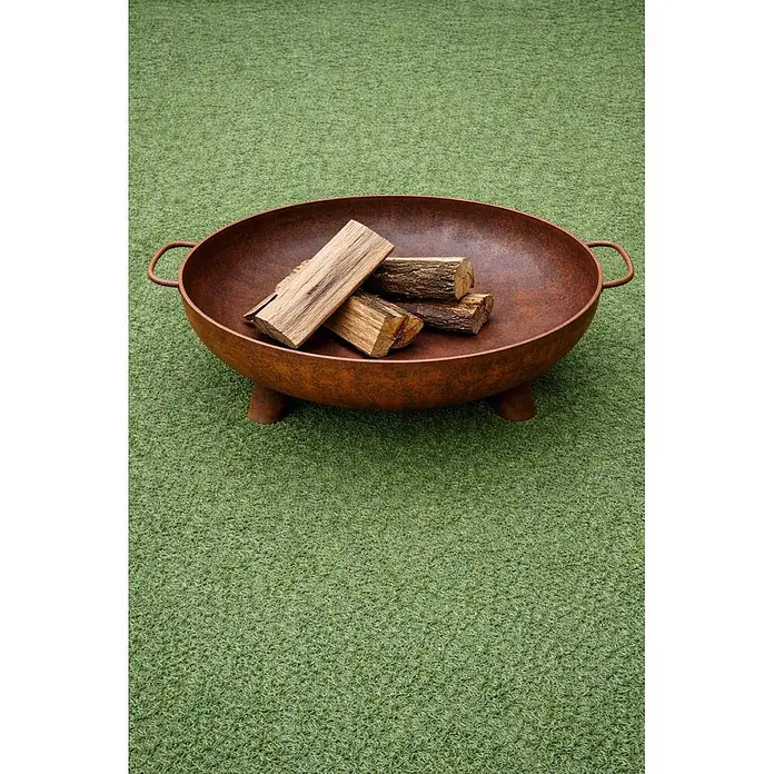 Nora Flames Brasero Calsotera con patas - Diámetro: 100 cm, Acero Corten - Brasero rústico de metal rojizo-marrón lleno de leños de madera, listo para usar.