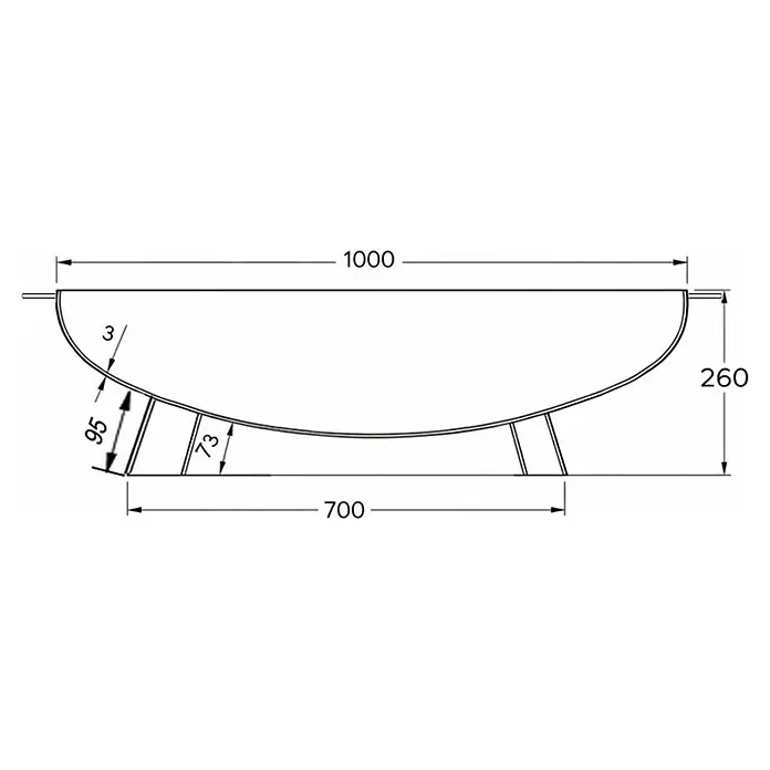 Nora Flames Brasero Calsotera con patas - Diámetro: 100 cm, Acero Corten - Dibujo técnico de un brasero curvo, de 1000mm de largo y 260mm de alto, con dos patas de apoyo.