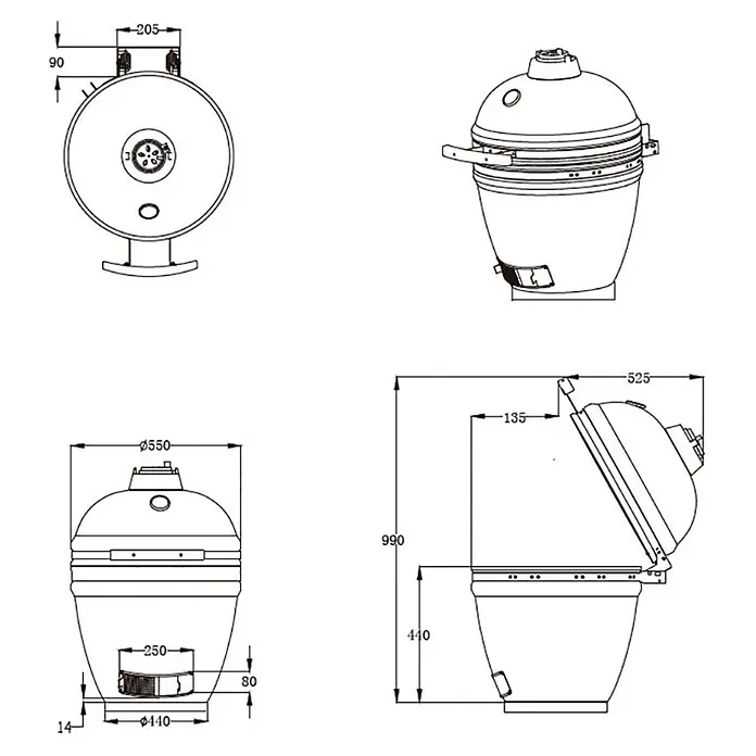 Outr Ahumador Kamado Grill Large - Diámetro de la superficie de la parrilla: 46,8 cm, Vinotinto - Dibujos técnicos de una parrilla kamado de cerámica, detallando las dimensiones desde varias vistas.