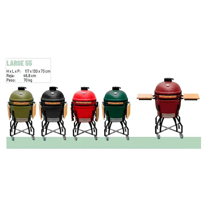 Outr Ahumador Kamado Grill Large - Diámetro de la superficie de la parrilla: 46,8 cm, Vinotinto - Cinco grandes parrillas Kamado de cerámica en verde, negro y rojo, sobre soportes con ruedas, algunas con mesas laterales. Medidas: 117x130x73cm, 70kg.