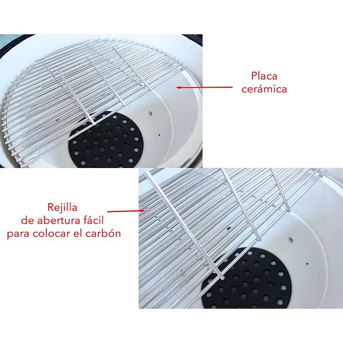 Outr Ahumador Kamado Grill Rock Large - Diámetro de la superficie de la parrilla: 46,8 cm, Negro - Rejilla de parrilla plateada con apertura fácil para el carbón, sobre una placa cerámica y una rejilla de carbón perforada negra.