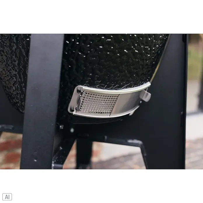 Outr Ahumador Kamado Grill Rock Large - Diámetro de la superficie de la parrilla: 46,8 cm, Negro - Parrilla Kamado de cerámica negra con ventilación inferior de acero inoxidable y sección perforada deslizante.