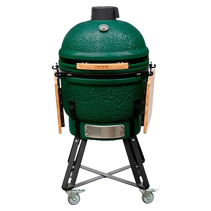 Outr Ahumador Kamado Grill Large - Diámetro de la superficie de la parrilla: 46,8 cm, Verde - Parrilla kamado de cerámica verde con estantes de madera, termómetro y soporte con ruedas.