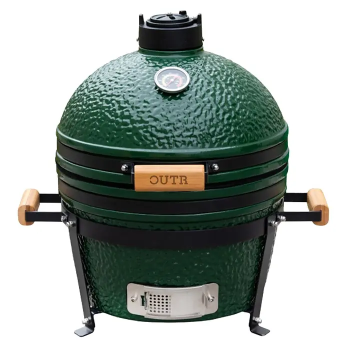 Outr Ahumador Kamado Grill Medium - Diámetro de la superficie de la parrilla: 32,5 cm, Verde - Parrilla kamado de cerámica verde con termómetro integrado y asas de madera.