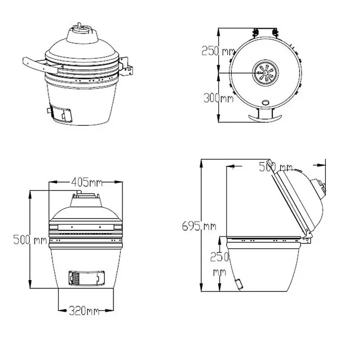 Outr Ahumador Kamado Grill Medium - Diámetro de la superficie de la parrilla: 32,5 cm, Verde - Dibujo técnico de una parrilla de kamado con dimensiones, mostrando vistas isométrica, superior, frontal y lateral abierta.