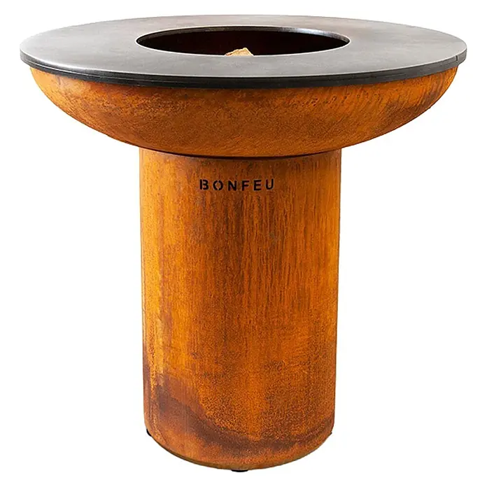 Bonfeu Brasero barbacoa Bonbiza - Ø x Al: 98 x 102 cm, Acero, Marrón óxido - Fogón y barbacoa de exterior color óxido con cuenco redondo, base cilíndrica y placa de cocción negra.