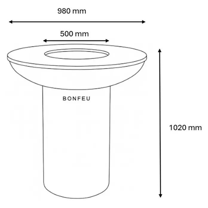 Bonfeu Brasero barbacoa Bonbiza - Ø x Al: 98 x 102 cm, Acero, Marrón óxido - Dibujo técnico de un brasero cilíndrico de metal, Ø980mm, 1020mm de alto, con abertura central Ø500mm.