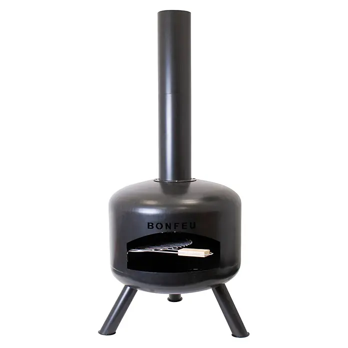 Bonfeu Chimenea de exterior Bongiro - Ø x Al: 55 x 132 cm, Acero, Negro - Horno de exterior de metal negro con chimenea, parrilla y el logotipo 'BONFEU', sobre tres patas.