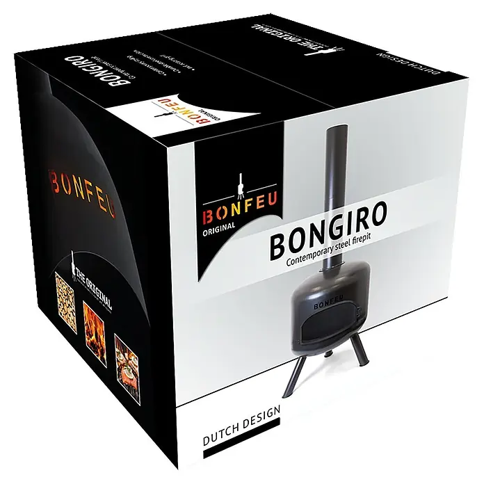 Bonfeu Chimenea de exterior Bongiro - Ø x Al: 55 x 132 cm, Acero, Negro - Caja de producto para una fogata de acero negra llamada "Bongiro" de "Bonfeu Original".