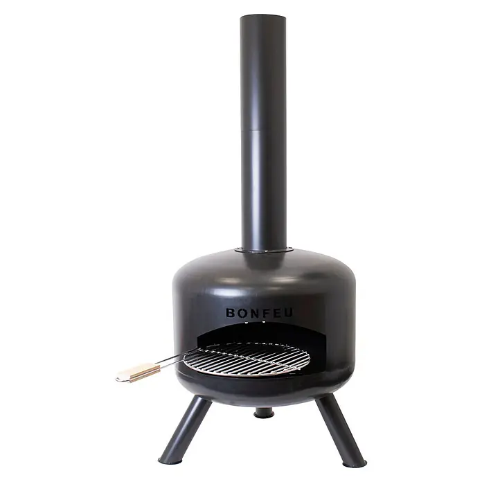 Bonfeu Chimenea de exterior Bongiro - Ø x Al: 55 x 132 cm, Acero, Negro - Estufa exterior Bonfeu de metal negro con chimenea alta, tres patas y parrilla. Incluye una herramienta para la parrilla.