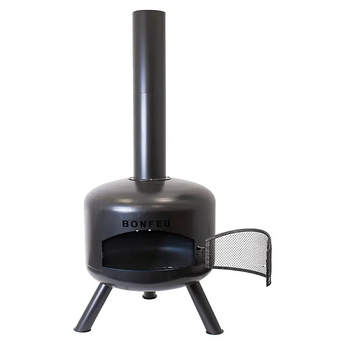 Bonfeu Chimenea de exterior Bongiro - Ø x Al: 55 x 132 cm, Acero, Negro - Chimenea de metal negro con chimenea alta y puerta de malla abierta, con el logo 'BONFEU'.
