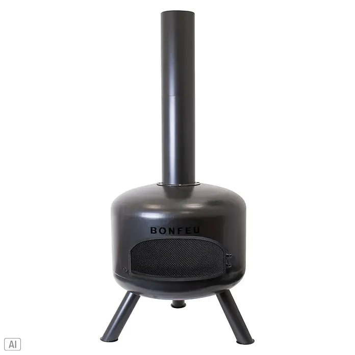 Bonfeu Chimenea de exterior Bongiro - Ø x Al: 55 x 132 cm, Acero, Negro - Chimenea exterior BonFeu de metal negro con chimenea alta, cuerpo redondeado y puerta de malla sobre tres patas.