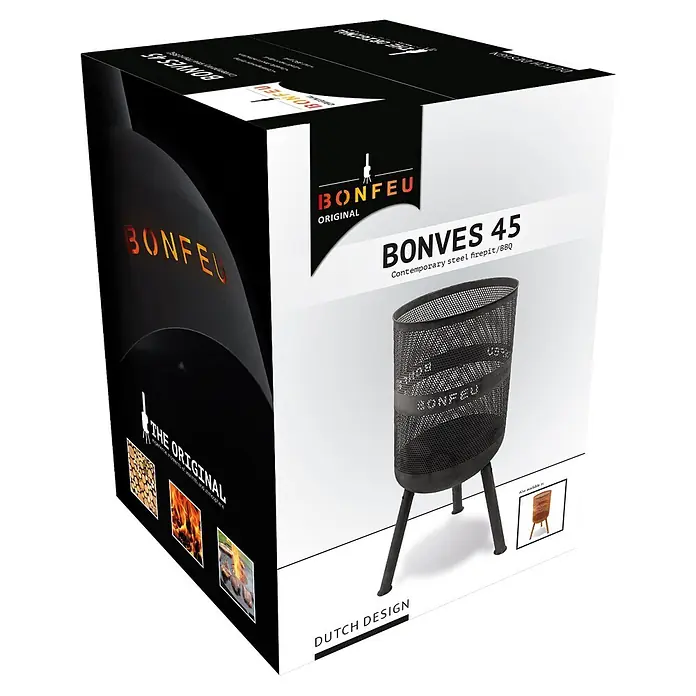 Bonfeu Chimenea de exterior Bonves - Ø x Al: 45 x 100 cm, Acero, Negro - Barbacoa/brasero de acero negro BONFEU BONVES 45 en su embalaje.