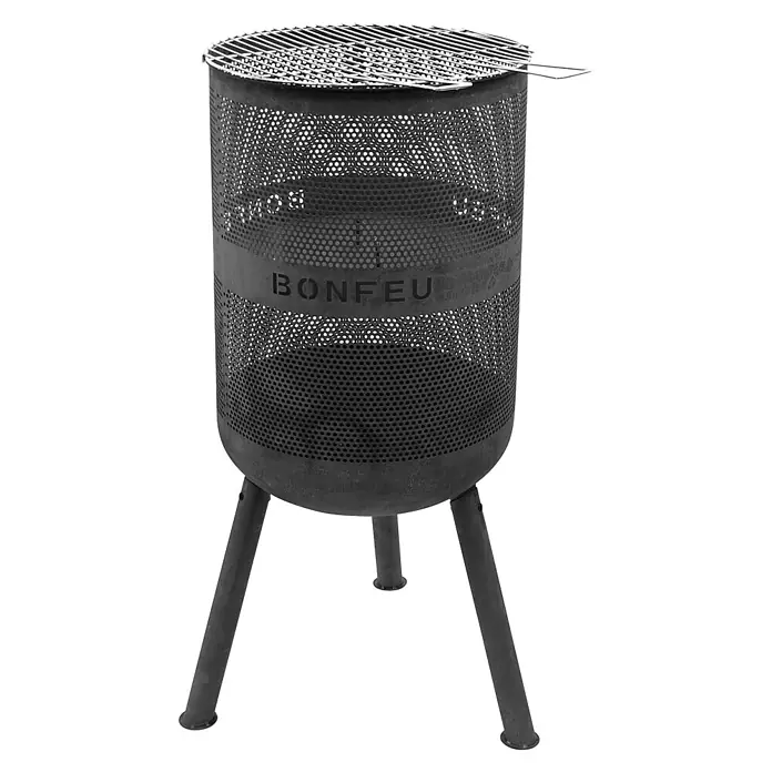 Bonfeu Chimenea de exterior Bonves - Ø x Al: 45 x 100 cm, Acero, Negro - Brasero de metal negro perforado con parrilla y tres patas. Con la marca 'BONFEU'.