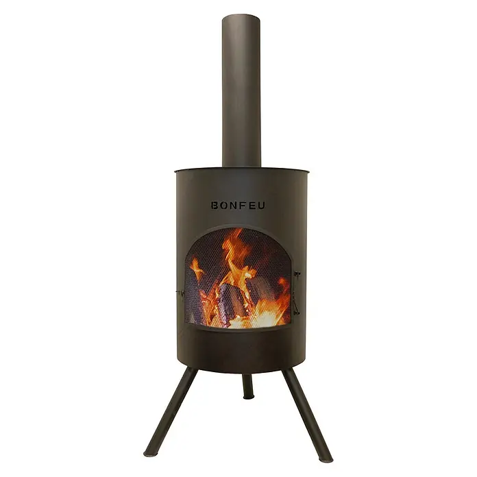 Bonfeu Chimenea de exterior Bonton - Ø x Al: 60 x 195 cm, Acero, Negro - Estufa de leña exterior BONFEU gris oscuro con chimenea, leña ardiendo tras una rejilla y tres patas.